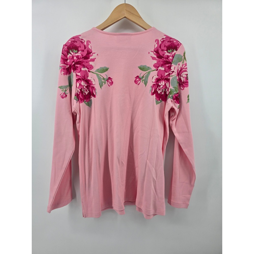 Quacker Factory Top Womens Medium Pink Floral Peony Rhinestone Long Sleeve Tee - Picture 3 of 5